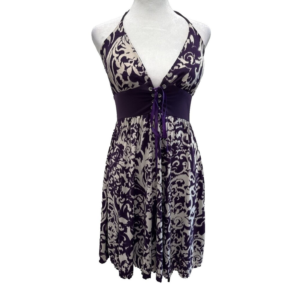 Winona NWT Purple Paisley LaceUp Corset Halter Mini Dress L Indie Y2K Whimsigoth